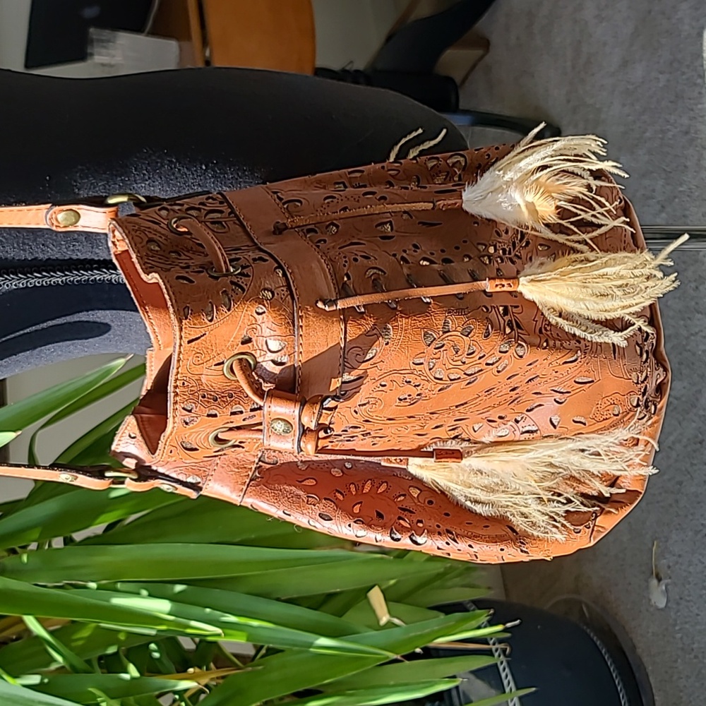 Patricia Nash Italian Leather Feathered Bucket Bag